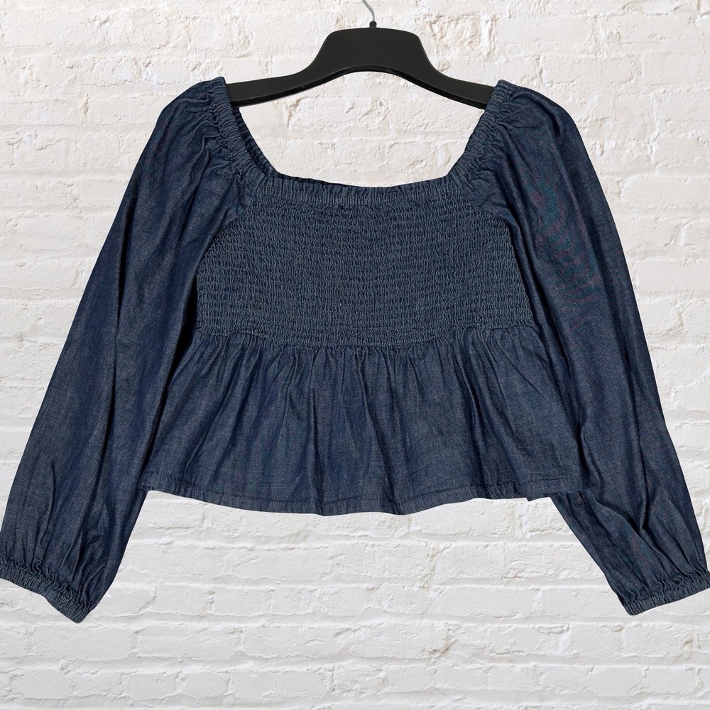 J. Crew Puff-Sleeve Chambray Smocked Top Size Large Blue Boho Hippie Cottage NWT
